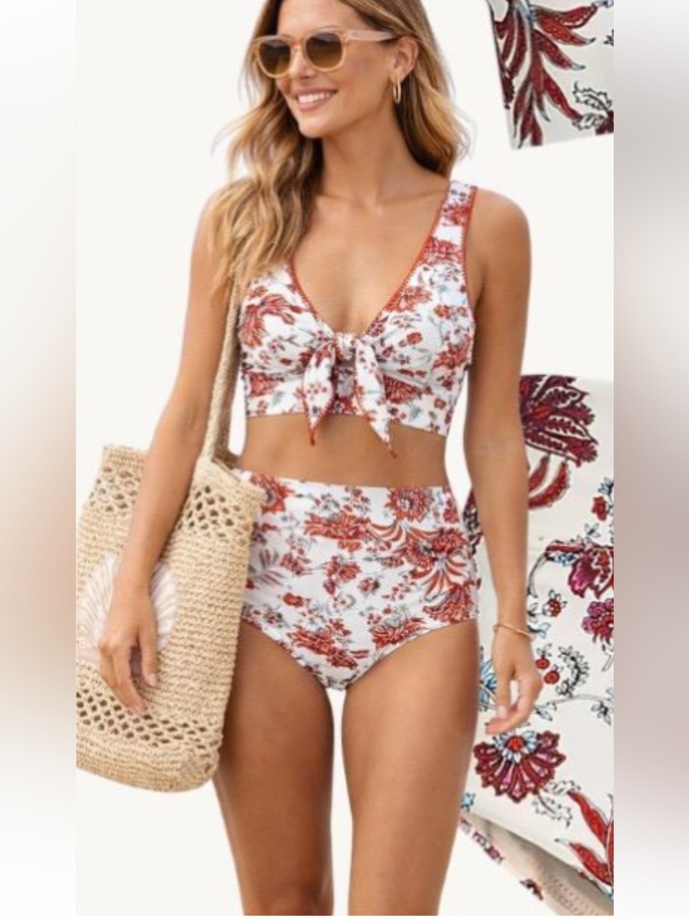 Lands'End Whipstitch Bikini Set Egret White Ornate Floral UPF 50 Size XL/18 NWOT